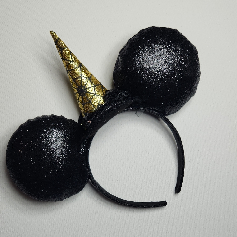 Disney Halloween Witch Minnie Ears Headband NWOT | Sparkle Black & Gold Horn